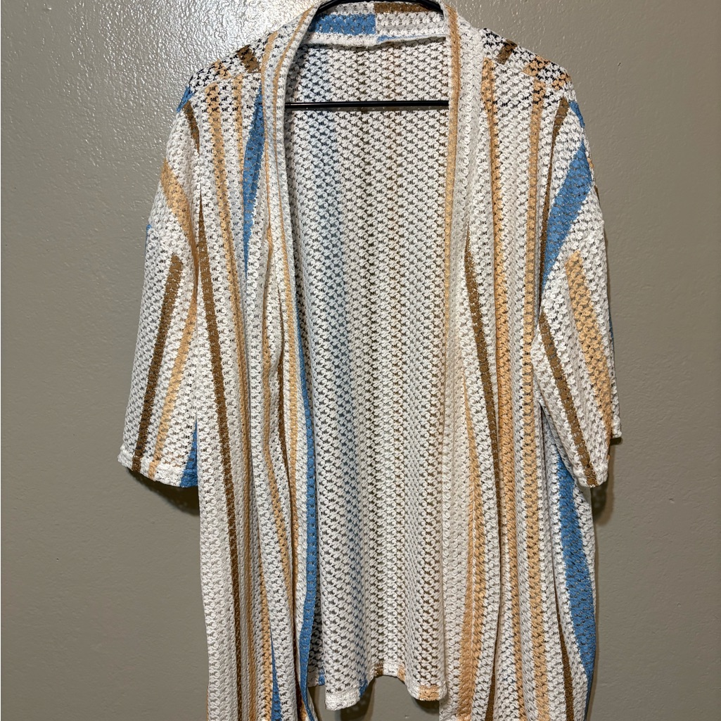 Women’s Open Knit Stripe Cardigan Or Cover Up In White, Tan & Sky Blue Size 2xl